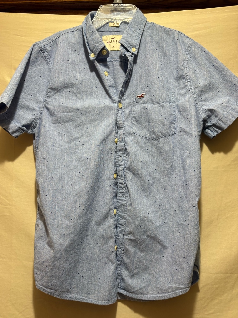 Hollister Light Blue Short-Sleeve Button-Down with Navy Micro Dots